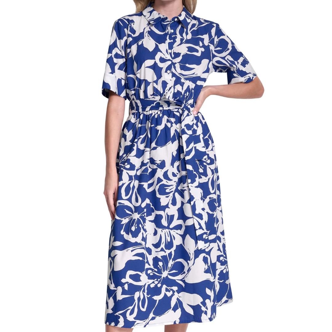 DKNY Women's Floral Elbow Sleeve Cotton Midi Shirtdress