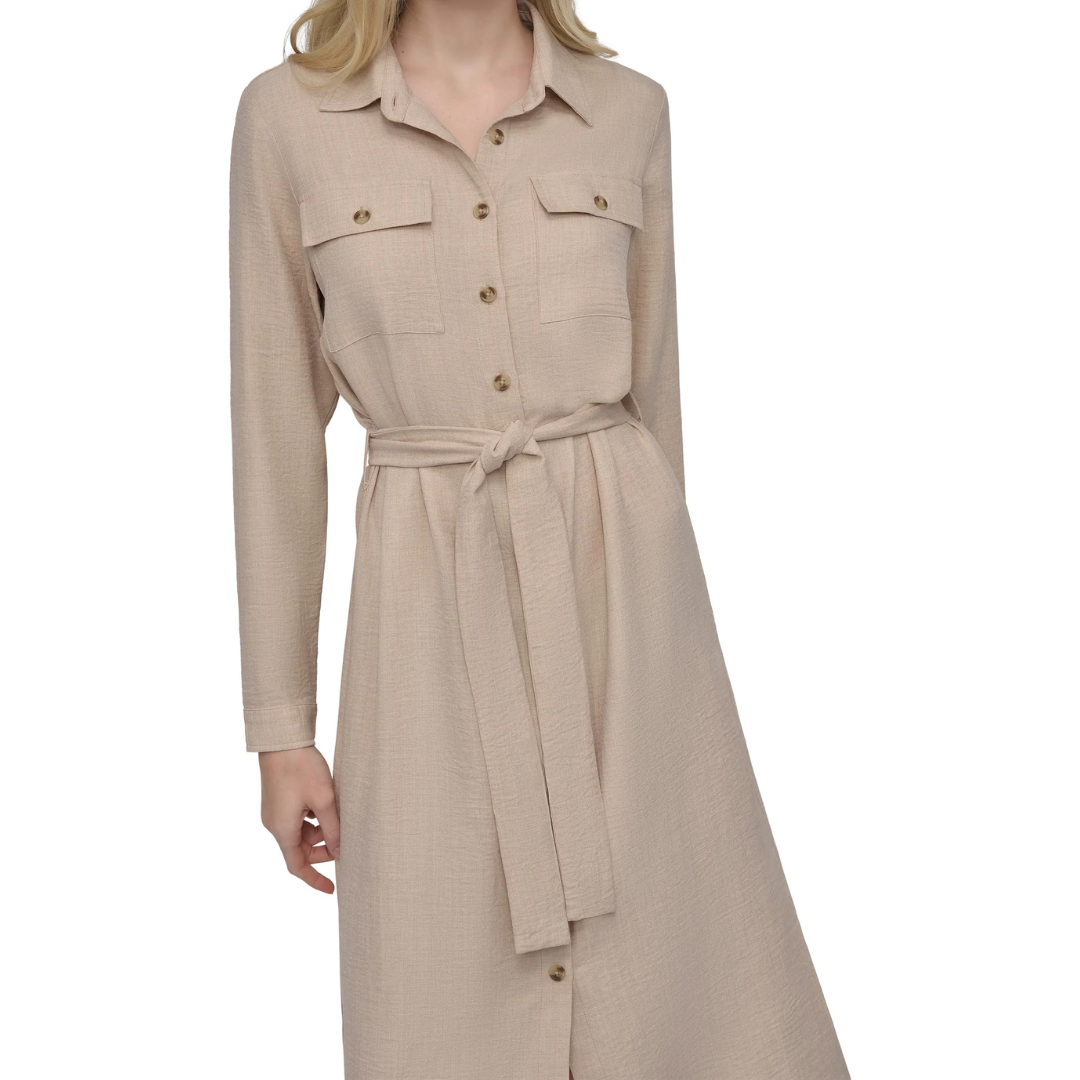DKNY Women's Long Sleeve Belted Midi Shirtdress (Beige)