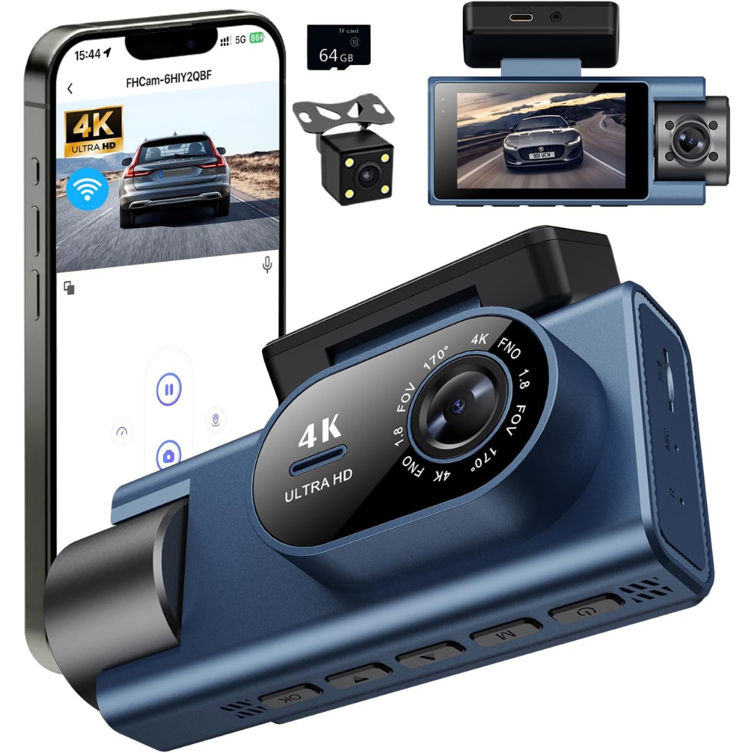 4K Full HD 3-Channel Car Dash Camera with Wi-Fi & 64GB Memory Card