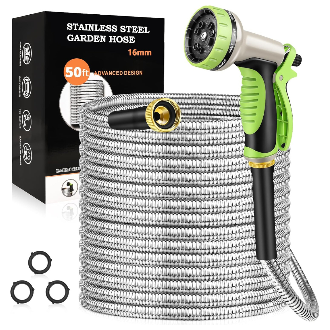50-Ft Stainless Steel Heavy Duty Garden Water Hose W/ 10 Function Nozzle (Various)