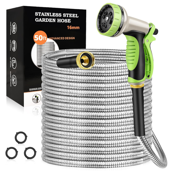50-Ft Stainless Steel Heavy Duty Garden Water Hose W/ 10 Function Nozzle (Various)