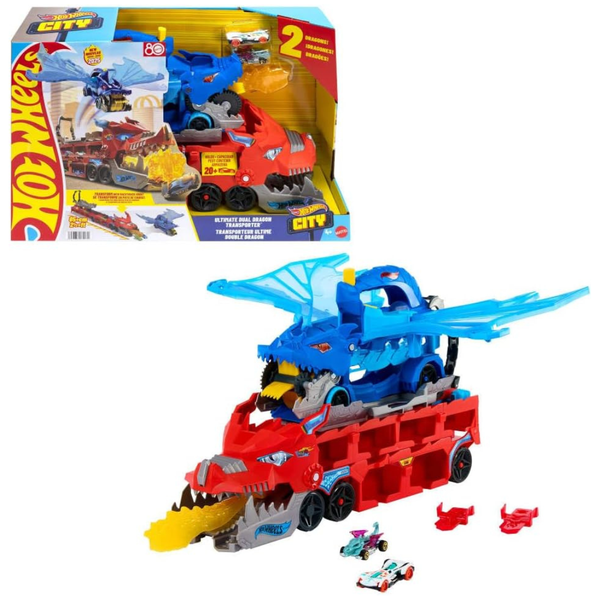 Hot Wheels City Ultimate Dual Dragon Transporter With 2 Die-Cast Cars