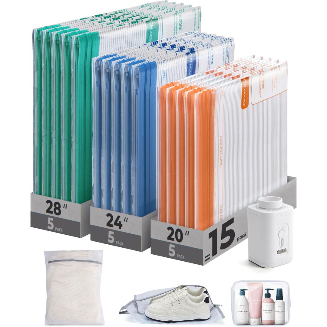 18-Pack Multicolor Vacuum Storage Bags w/ Rechargeable Pump (3 Sizes)