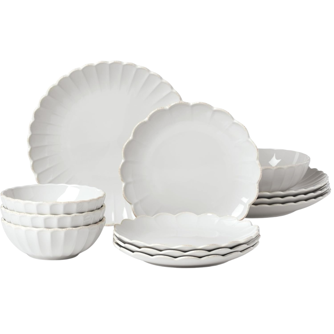 12-Piece Lenox French Perle Scallop White Stoneware Dinnerware Set