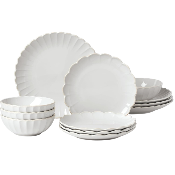 12-Piece Lenox French Perle Scallop White Stoneware Dinnerware Set