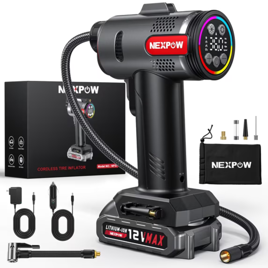 NEXPOW 160 PSI Cordless Tire Inflator Air Compressor w/ 20000mAh 12V Battery