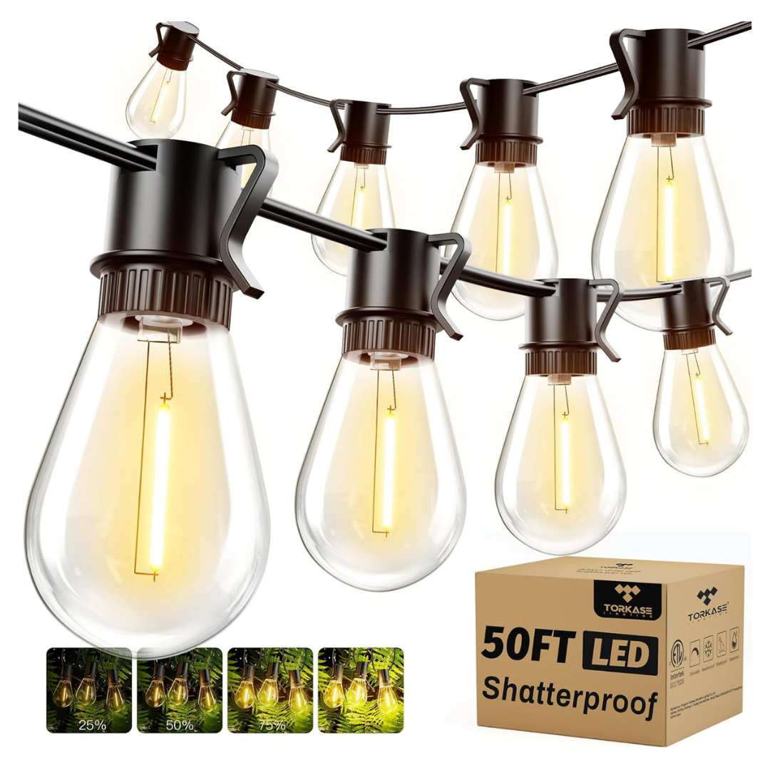 50FT Outdoor Connectable LED String Lights With 16 Shatterproof Dimmable Bulbs