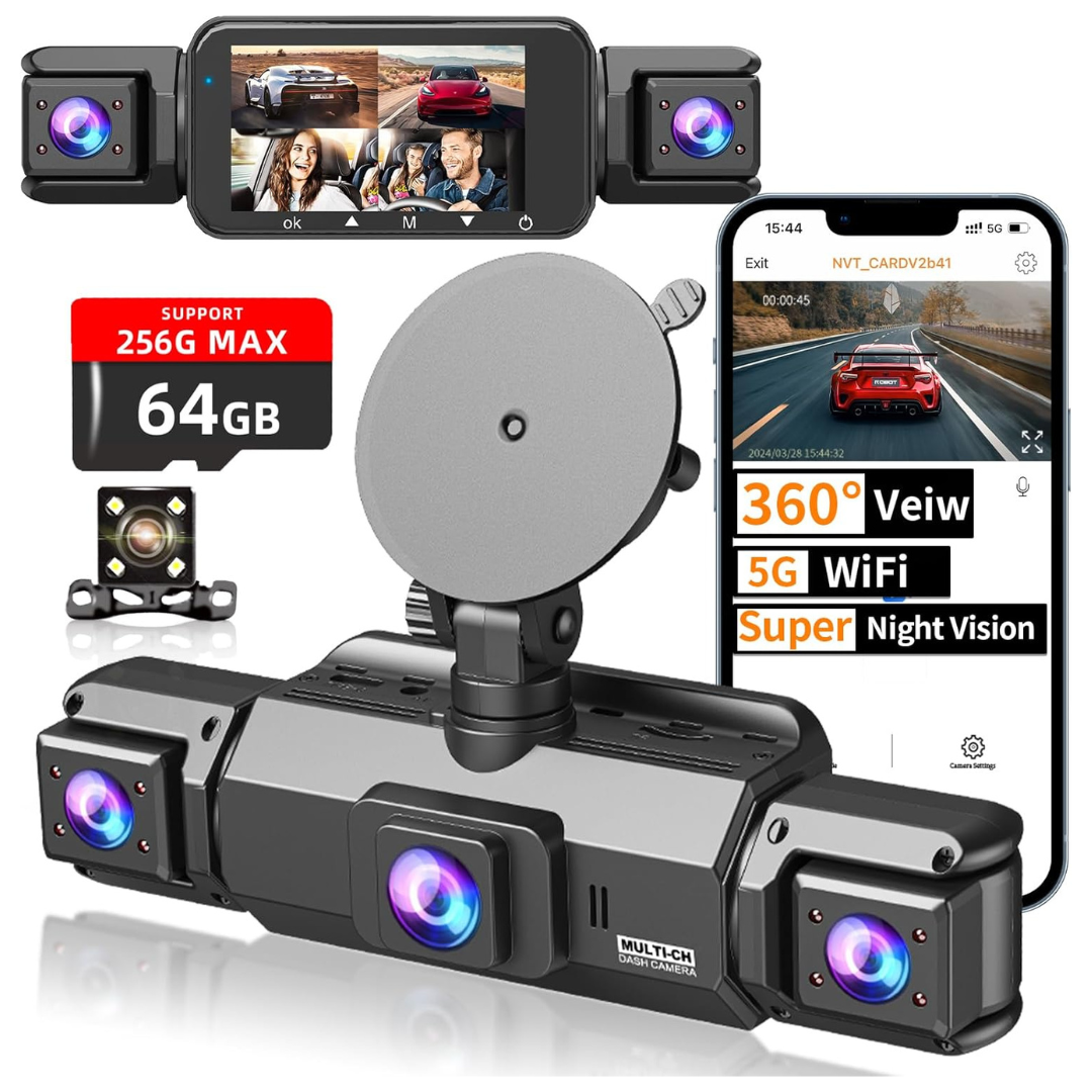 4-Channel 360 Panoramic HD Front & Rear Cabin Dash Cam W/ 64GB Card