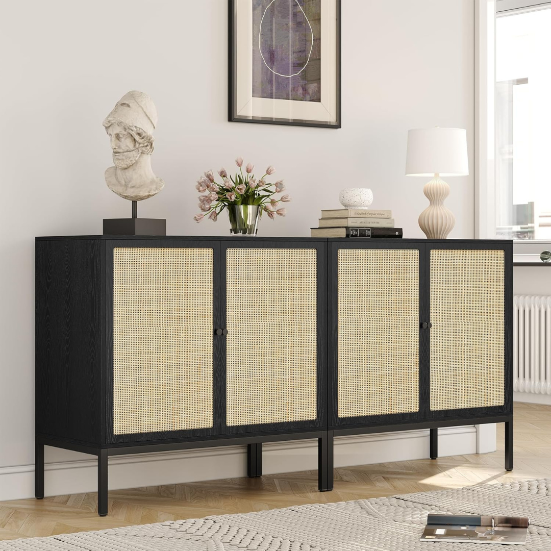 Set Of Yechen 63" Sideboard Cabinet With Natural Rattan Doors & Metal Legs