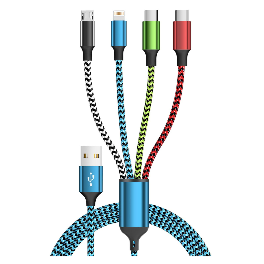 4-in-1 5ft USB Multi Charging Cables W/ 2 USB-C, Lightning & Micro USB Connectors