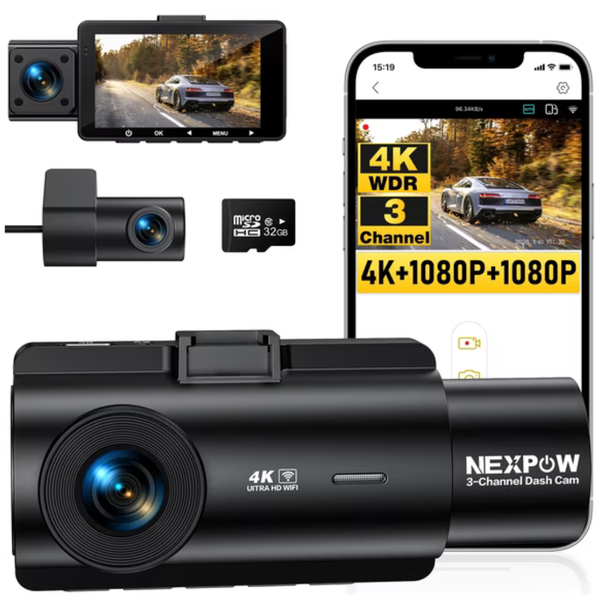 Nexpow J08 3-Channel WiFi Dash Cam (4k Front + 1080p Rear + 1080p Cabin)