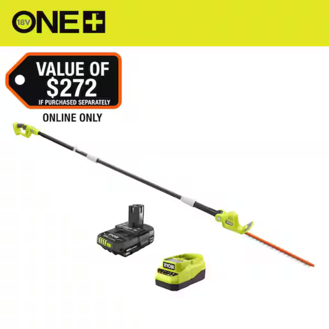 RYOBI ONE+ 18V 18" Cordless Battery Pole Hedge Trimmer w/ Battery & Charger