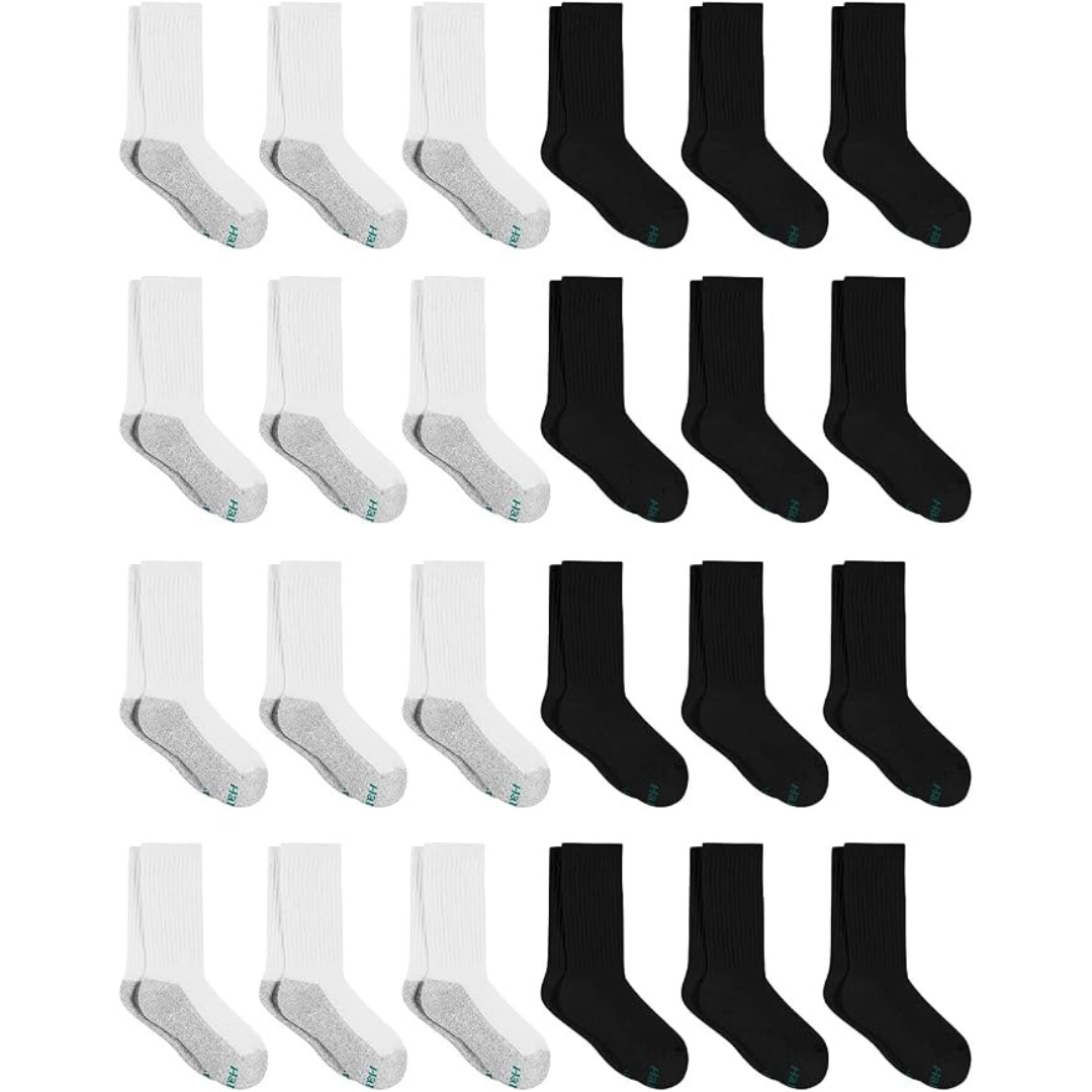 24-Pair Hanes Boys' Crew Socks For Boys Age 5-12