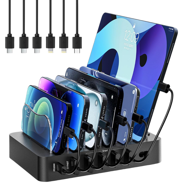 Clever Bright 68W 6 Port Phone Charger Dock W/ 6 Cables