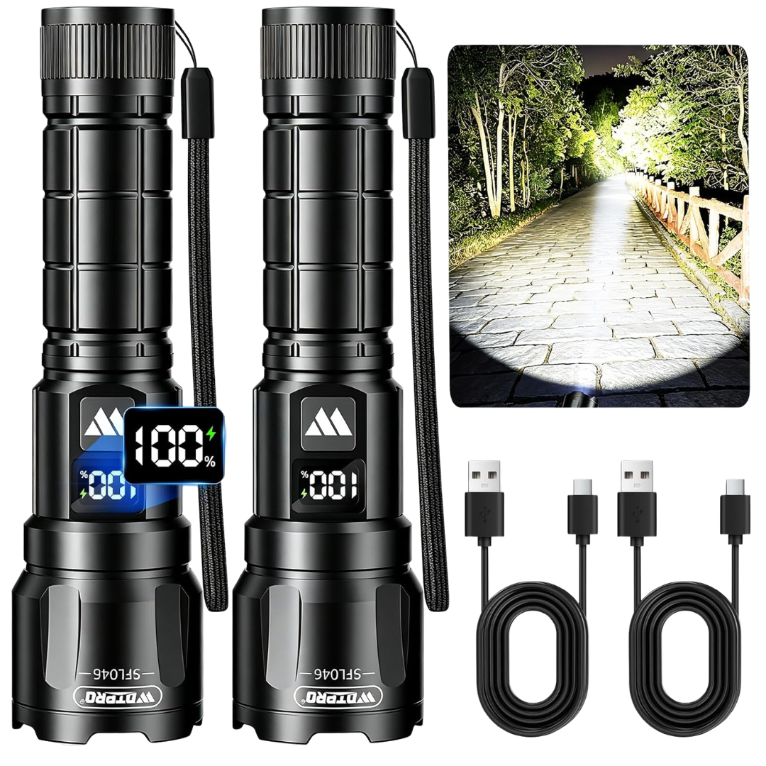 2-Pack USB-C Rechargable LED Tactical Flashlight W/ Zoom & 3-Modes