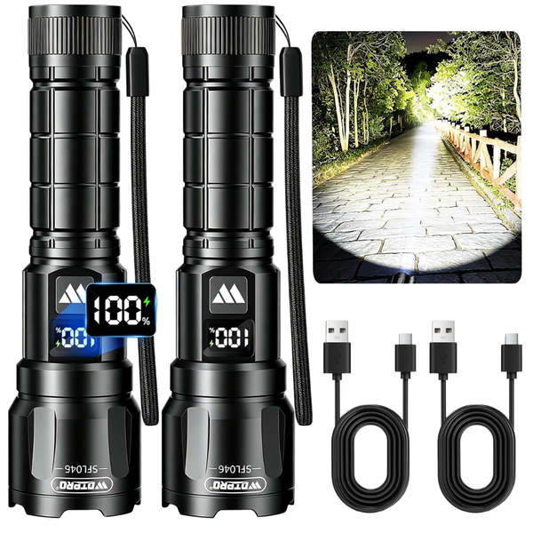 2-Pack USB-C Rechargable LED Tactical Flashlight W/ Zoom & 3-Modes