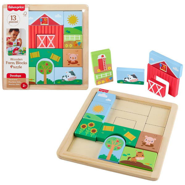 13-Piece Fisher-Price Wooden Farm Blocks Toddler Toy Puzzle