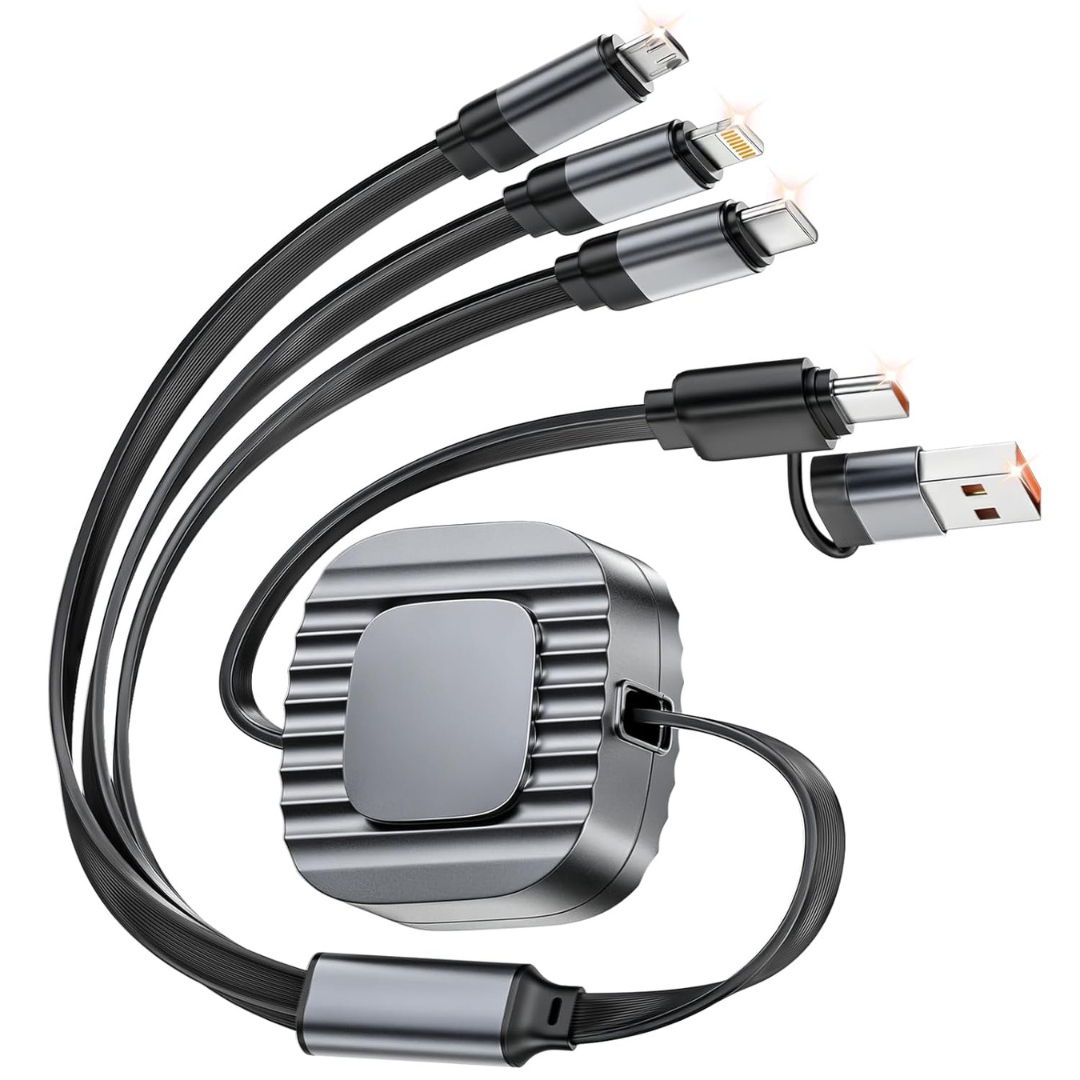 3-in-2 Universal Retractable Charging Cord With USB-A & USB-C Inputs And Lightning