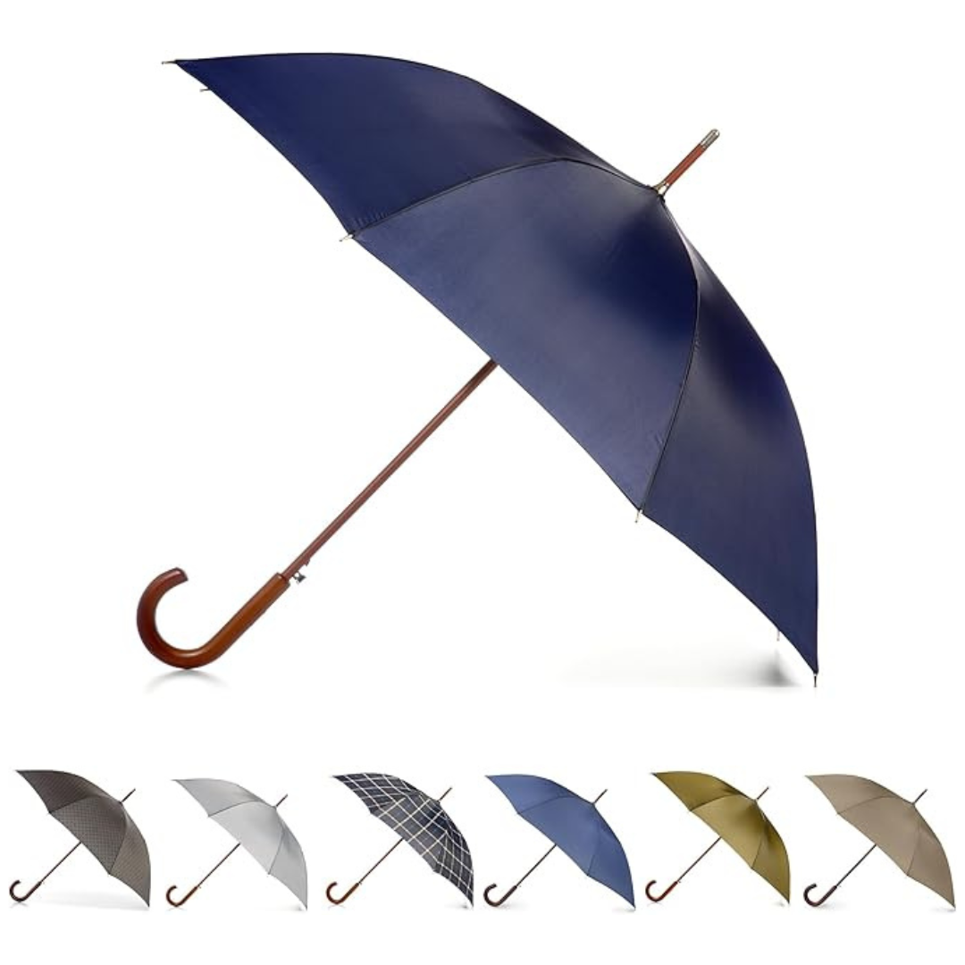 Totes Auto Open Water Repellent Stick Umbrella with Classic Wood J Hook Handle
