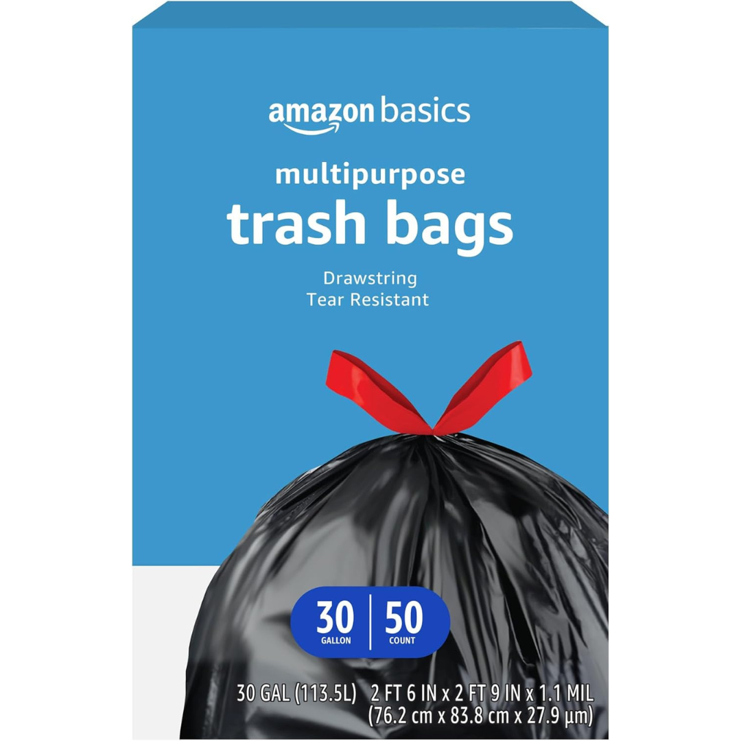 50-Count Amazon Basics Multipurpose Drawstring 30 Gallon Trash Bags