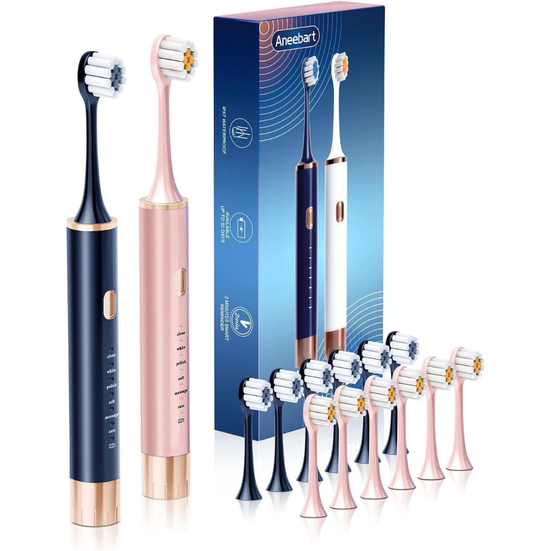 2-Pack USB Rechargeable Sonic Toothbrush with 12 Brush Heads