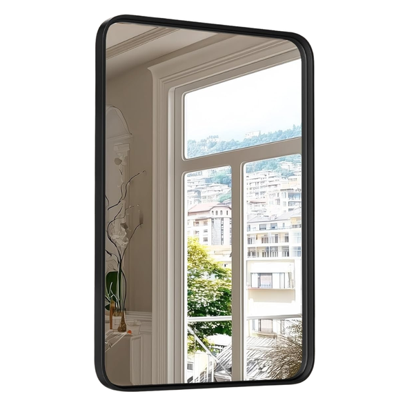 30x22 Inch Black Metal Framed Rounded Rectangle Vanity Mirror