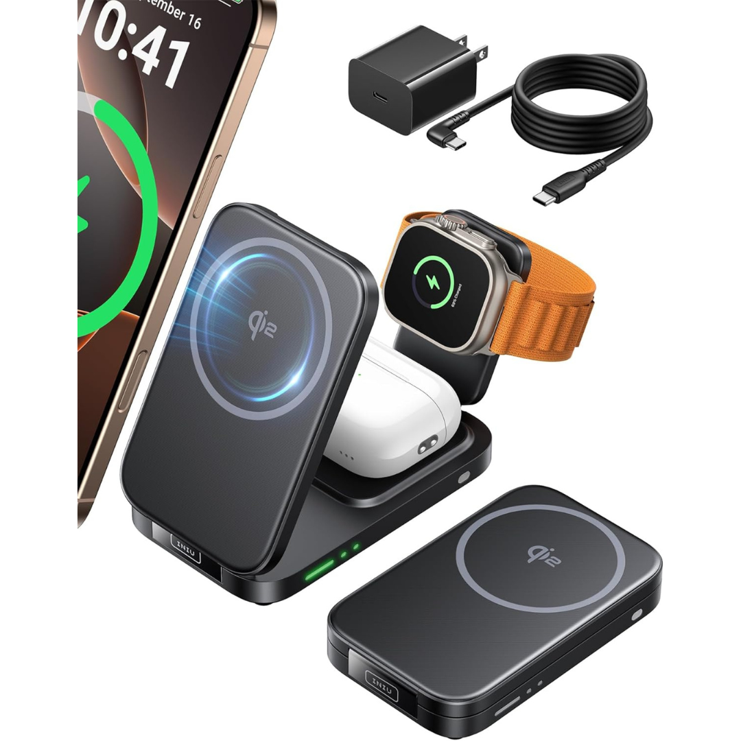 INIU 3-in-1 Qi2 Certified Magsafe Wireless Charging Station W/Adapter