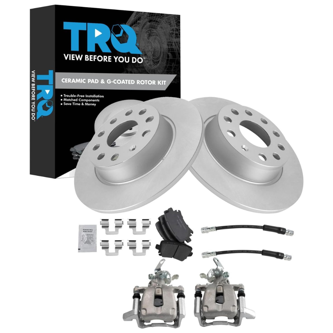 TRQ Rear Brake Pad And Rotor Set With Calipers & Hoses