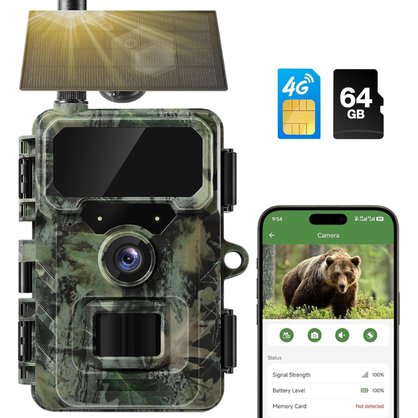 64MP 2K HD Live 4G LTE Solar Cellular Trail Camera W/ 64GB TF Card