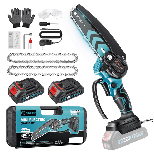 Saker 6" Mini Electric Chainsaw with 2 Batteries & 2 Chains