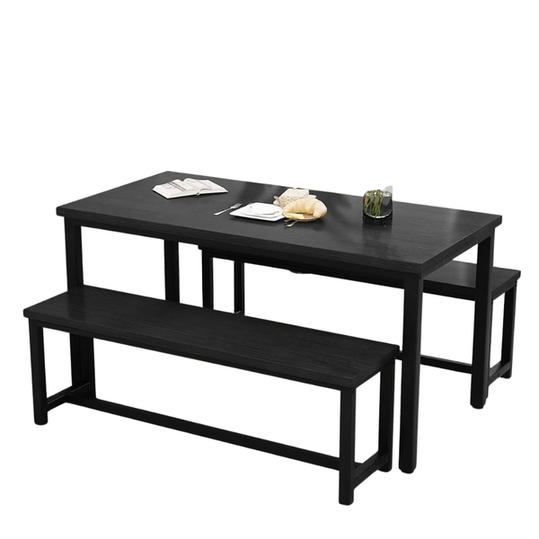3-Piece Dining Table Set For 4 With Table And 2 Dinner Benches (Black)