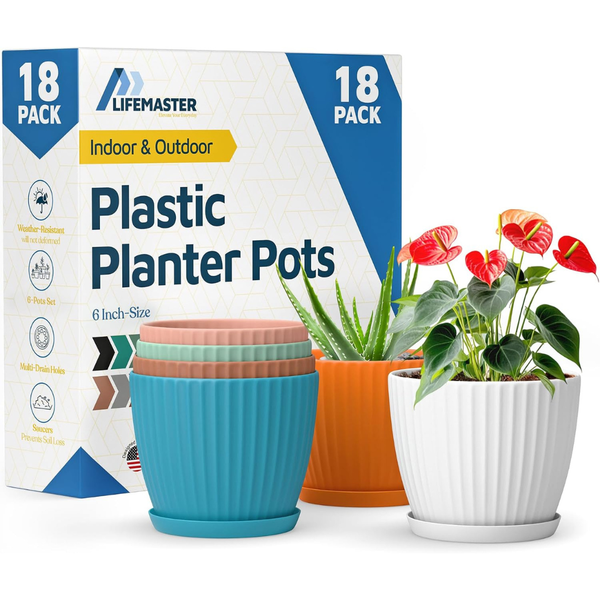 6" 18-Pack Plant Pots With Drainage & Saucers