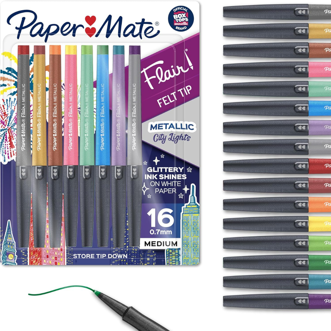 16-Count Paper Mate Flair Metallic Felt Tip Pens (0.7 Mm, Assorted Color)