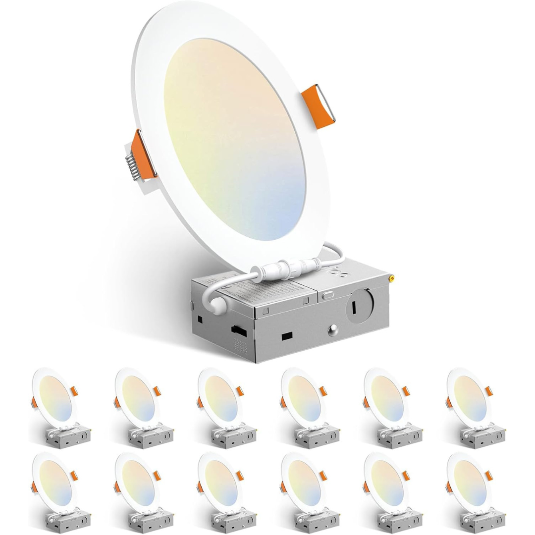 12-Pack Amico 5CCT LED Recessed Ceiling Light W/Junction Box (4" Or 6")