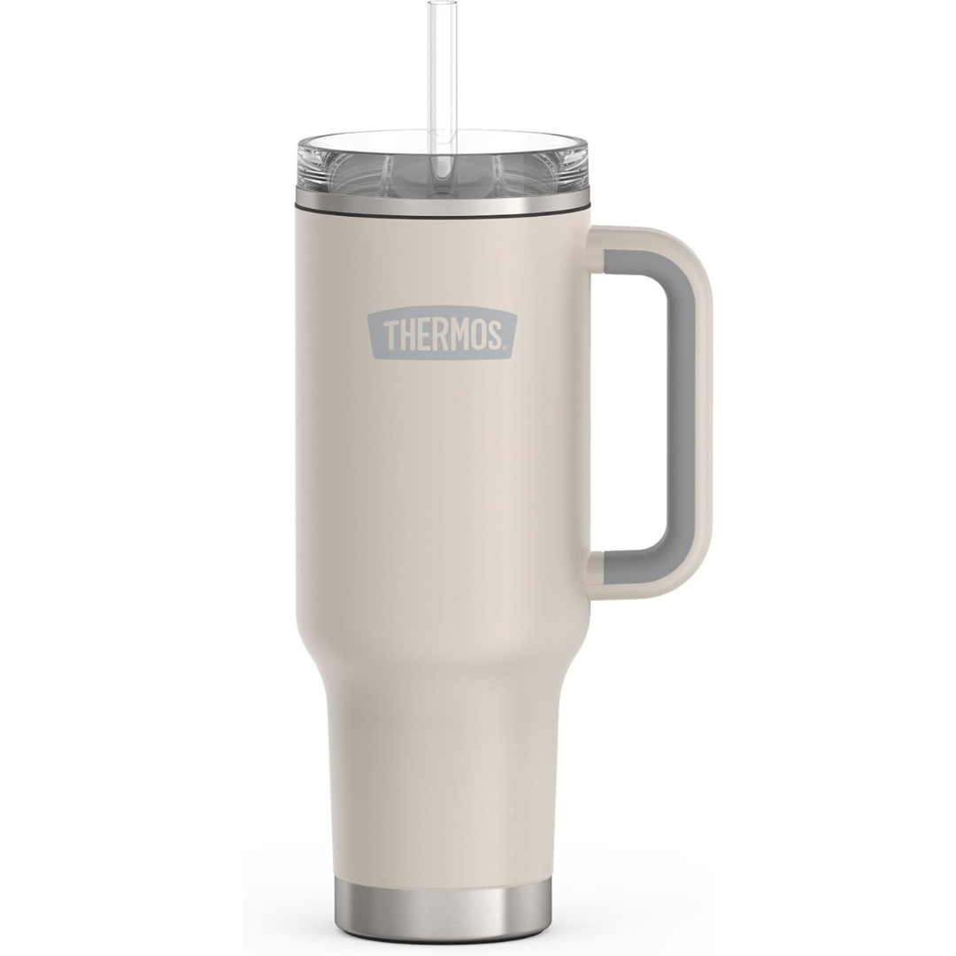 40-Oz Thermos Stainless Steel Cup Holder Mug With Lid & Straw (Sandstone)