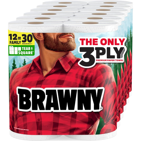 12 XL Family Rolls Of Brawny Tear-A-Square 3-Ply Paper Towels