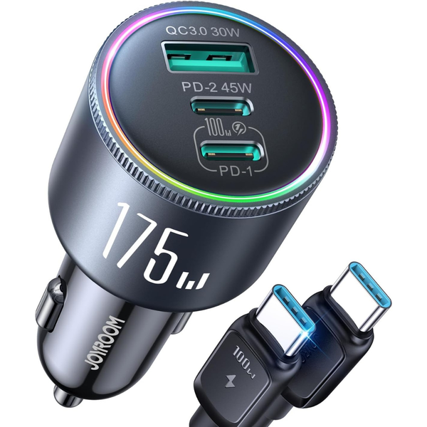 Joyroom 3-Port USB-C/A 175W GaN Super Fast Car Charger W/ 100W USB-C Cable