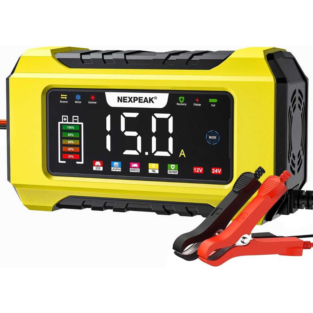 Nexpeak 12V/24V 15A Battery Charger & Maintainer W/ 9-Stage Charging