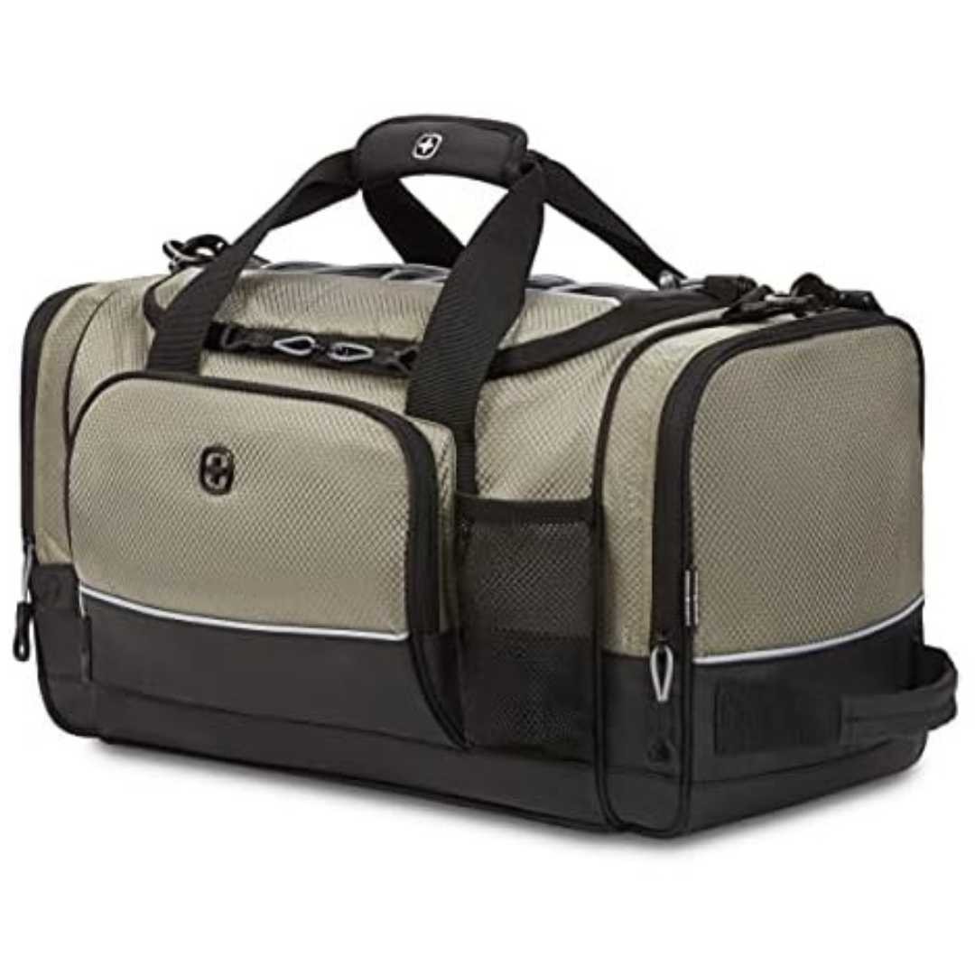 SwissGear Apex Duffle Bag for Travel and Gym with Bungee-Cord System (Pewter Dobby)