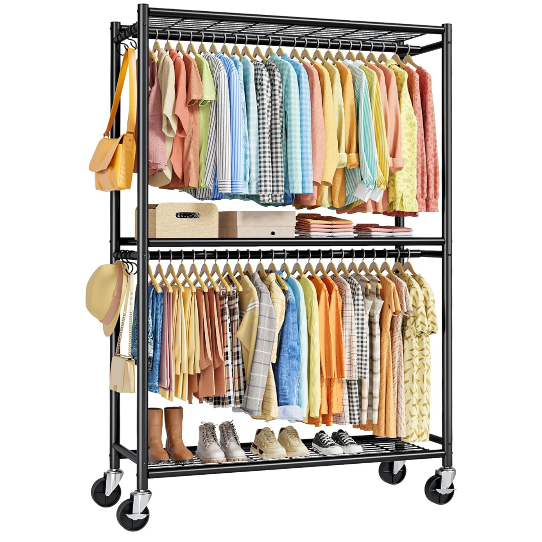 80.7" Sakugi Double Hanging Rod Clothing Rack W/ Wheels & Leveling Feet