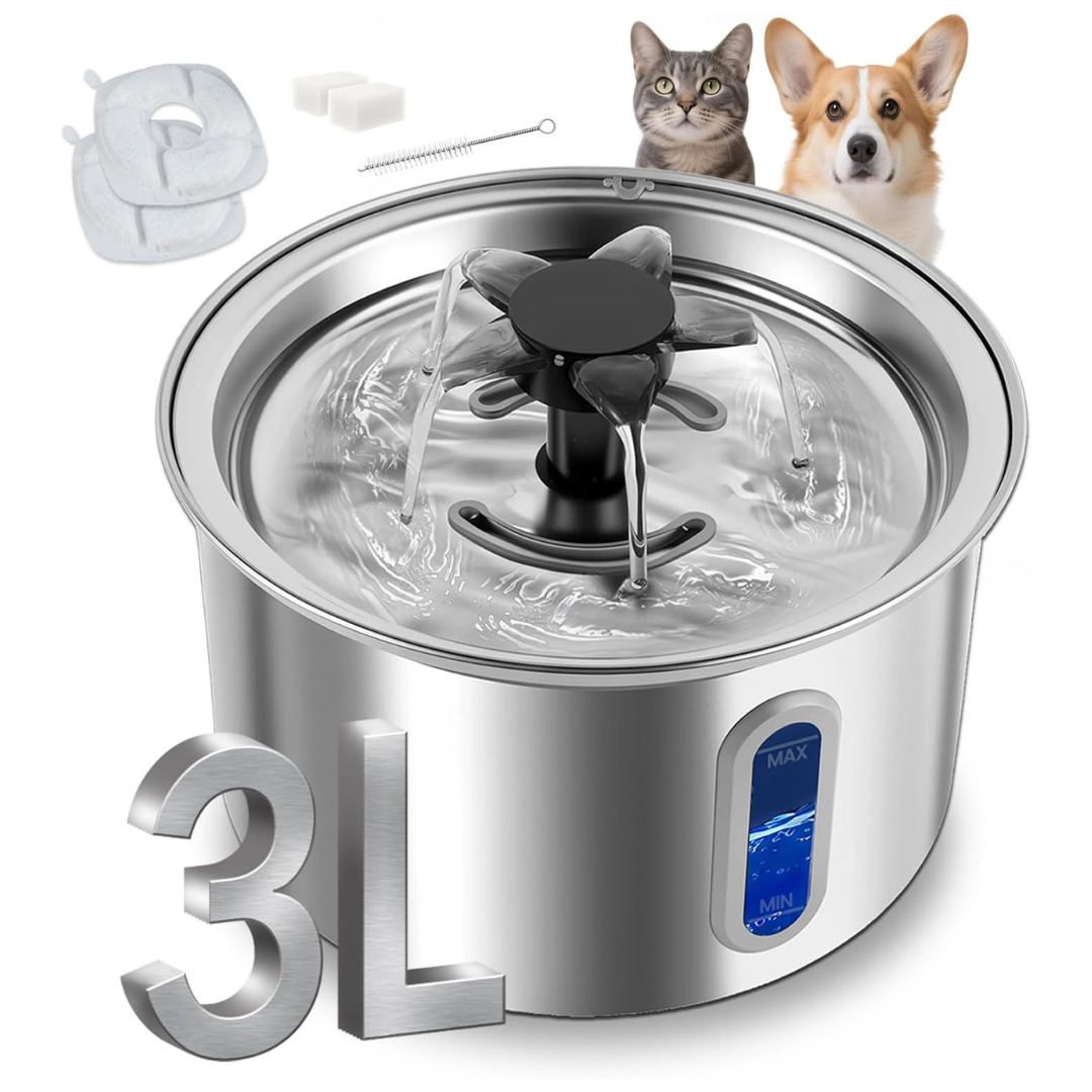 3L/101oz Stainless Steel Pet Water Fountain (2 Filters 2 Sponges)