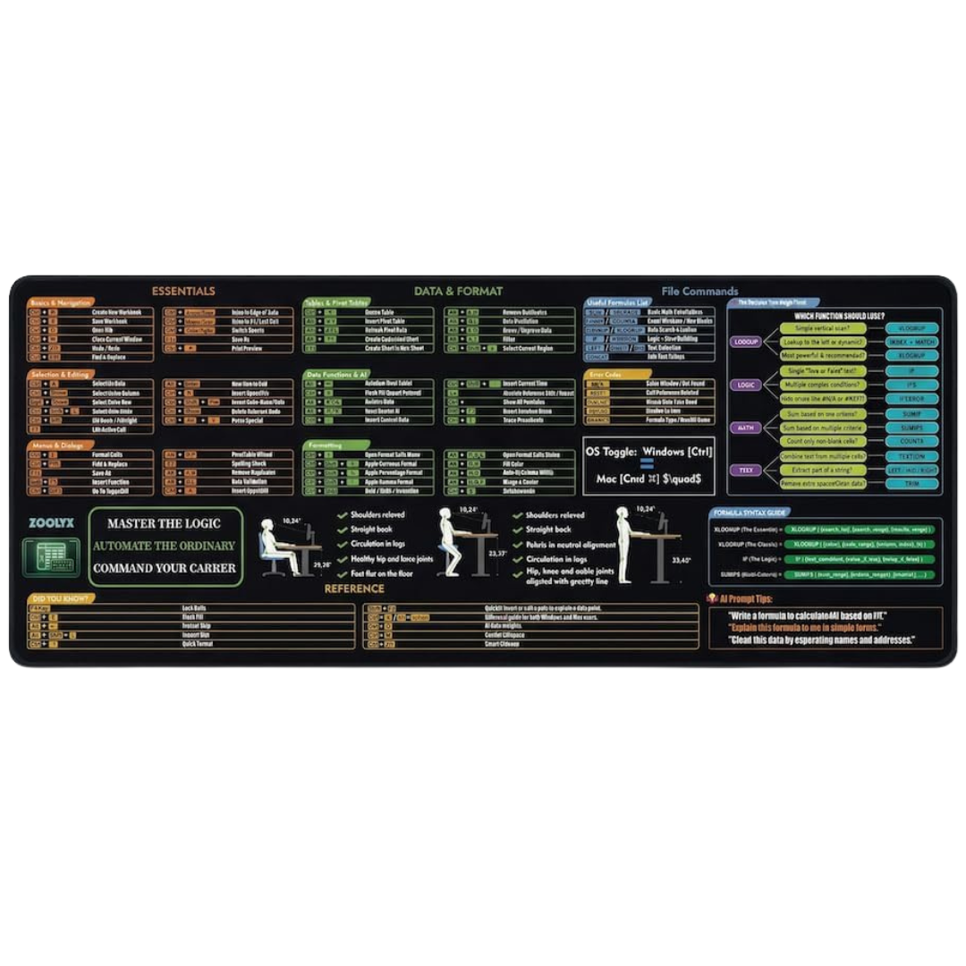 Zoolyx 31.5" X 11.8" Excel Cheat Sheet Mouse Pad
