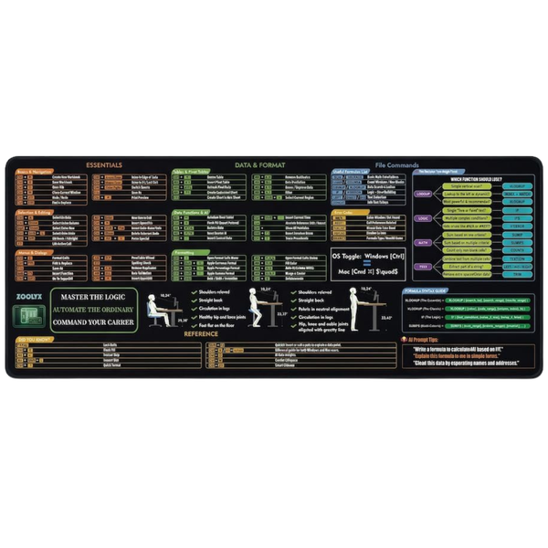 Zoolyx 31.5" X 11.8" Excel Cheat Sheet Mouse Pad