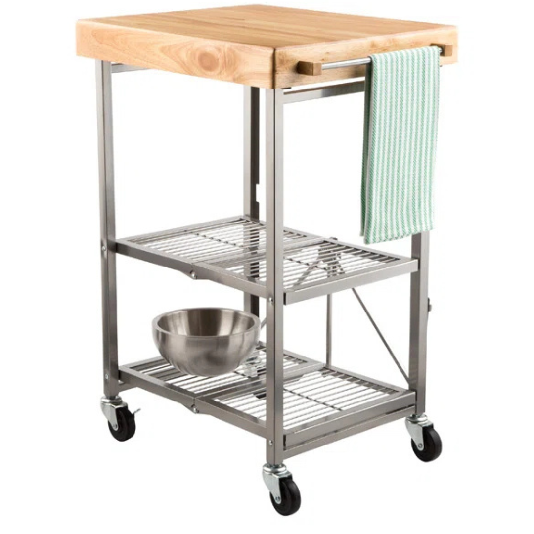 Origami Foldaway Rolling Solid Wood Top Kitchen Cart