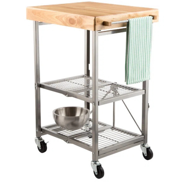 Origami Foldaway Rolling Solid Wood Top Kitchen Cart