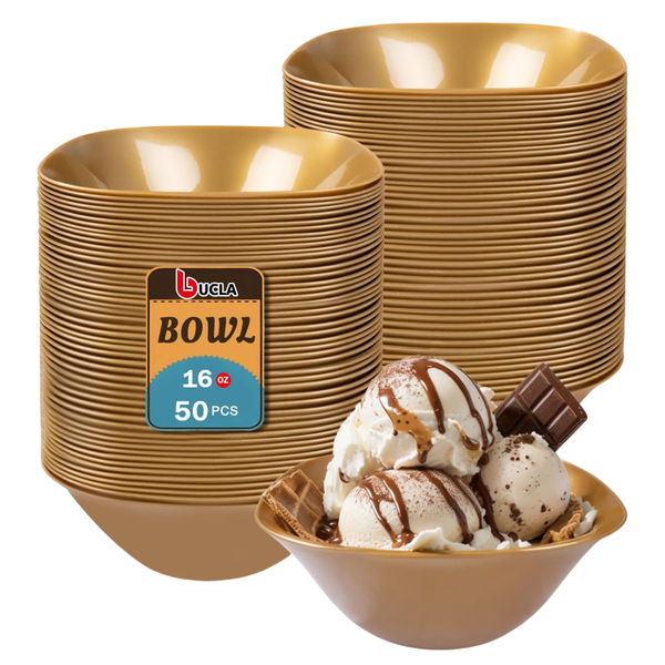 50-Pack 16oz BUCLA Gold Plastic Disposable Serving Bowls