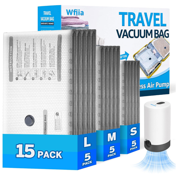15-Pack Travel Vacuum Bags W/ Rechargeable Pump