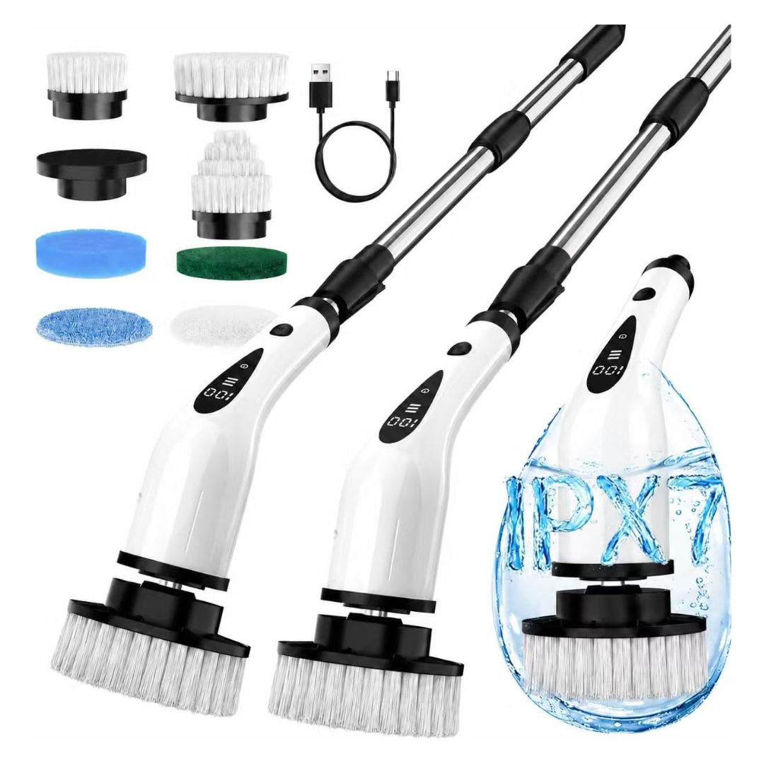 3-Speed Electric Spin Scrubber With 8 Brush Heads & Adjustable Long Handle