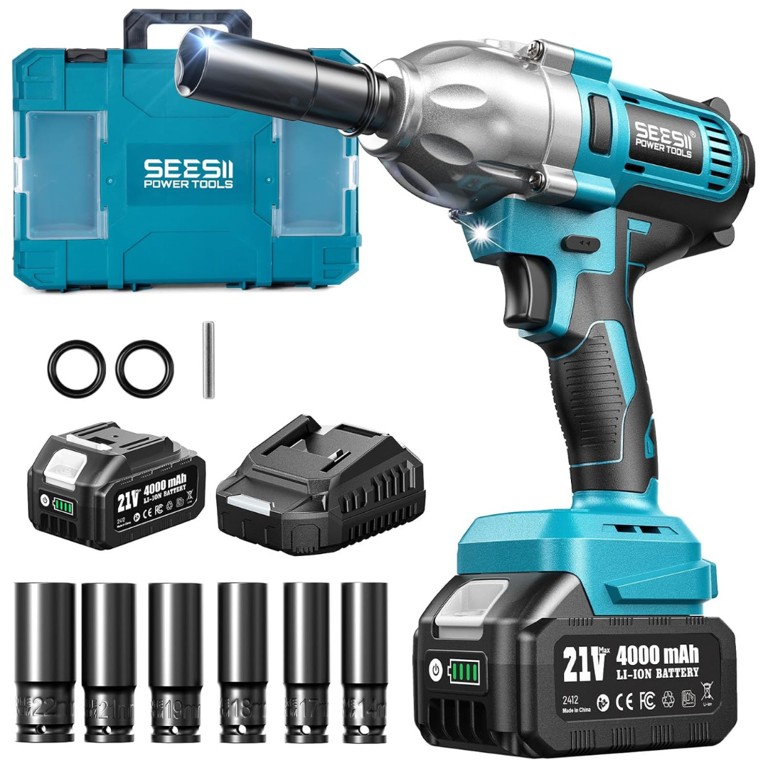 Seesii Cordless 665ft-Lbs 1/2'' Impact Wrench Kit W/ 21V Battery & Sockets