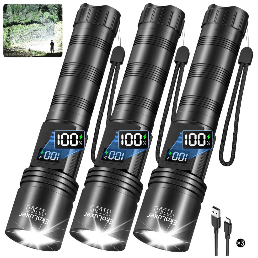 3-Pack Tughlax 5-Mode Rechargeable Flashlights W/ LCD Digital Display